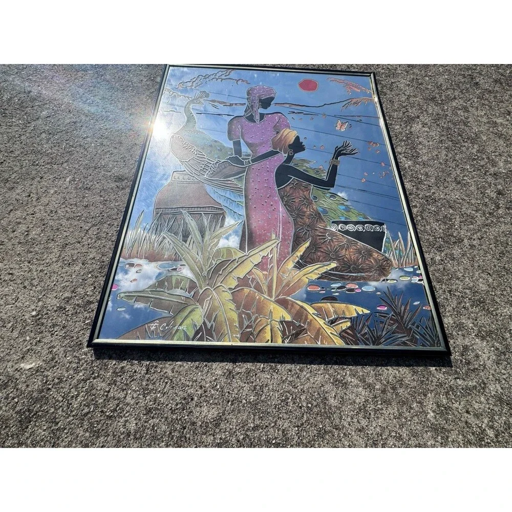 Vintage Coleman African Women Peacock Mirror Art 1970s Afrocentric 22”